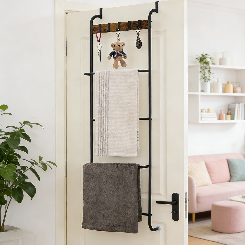 NOMISPADVIC Over The Door Towel Racks, 4 Tier Behind Door Towel Holder with Shelves & Hooks, Bathroom Door Rack Hanger Organizer for Towels, Livingroom, Back of Door Storage