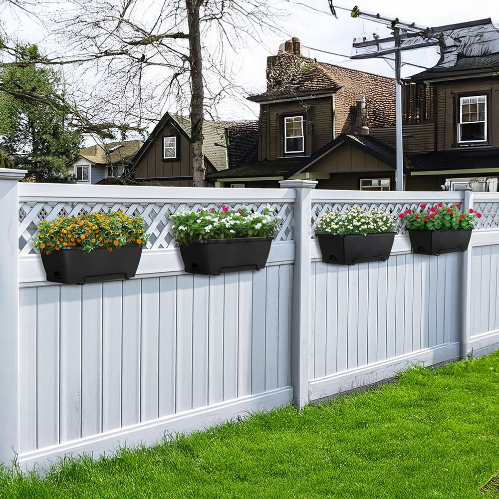 NOMISPADVIC Plastic Furniture for Gardens, 4 Pack Railing Planter Boxes with Drainage Trays, 16.9 Inch Black Outdoor Deck Rail Planters for Porch, Fence & Balcony, Hanging Window Boxes Home Decor