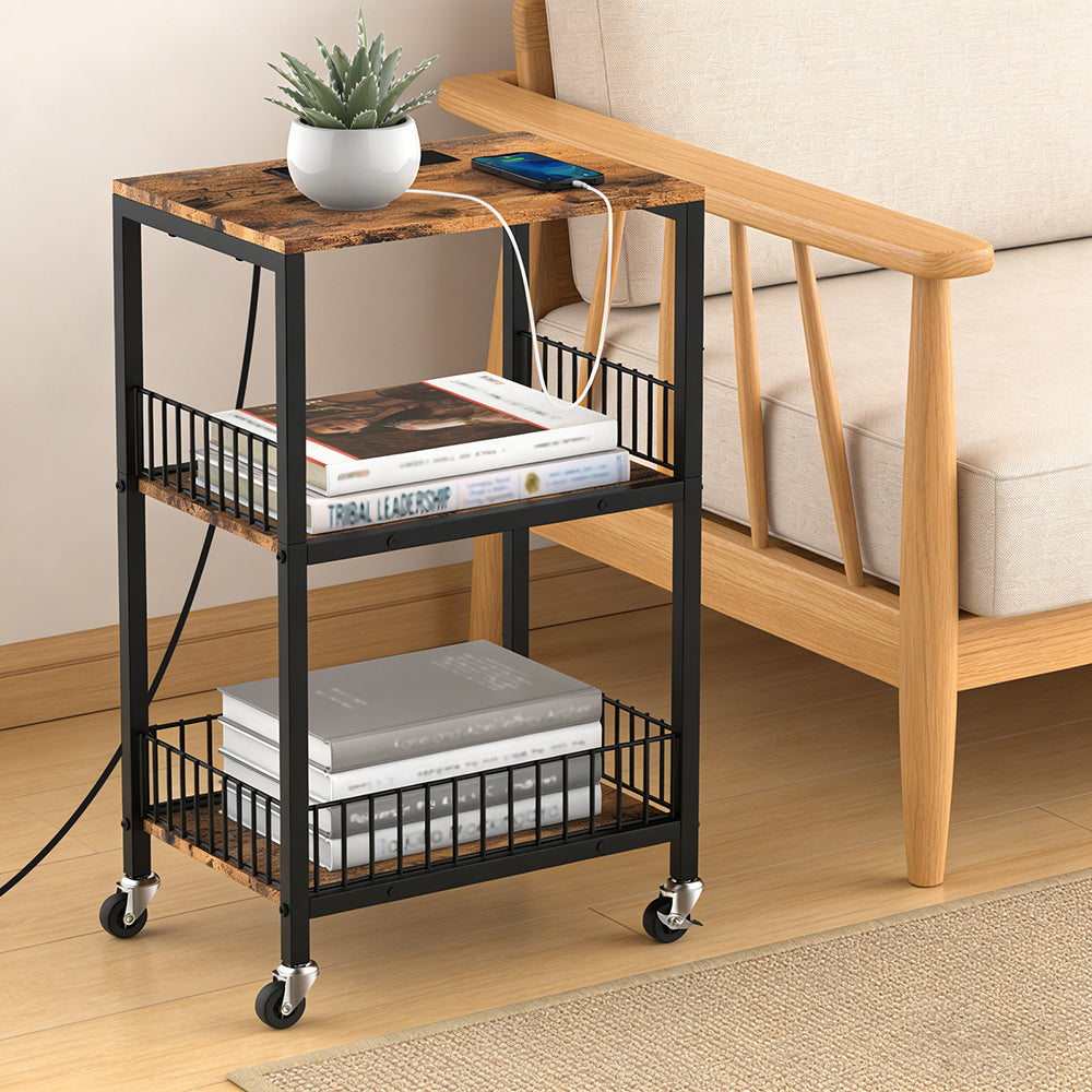 NOMISPADVIC End Table with Charging Station, 3-Tier Rolling Nightstand with USB Ports & Electrical Outlets, Mobile Bedside Table with Storage Shelves for Bedroom, Living Room, Office