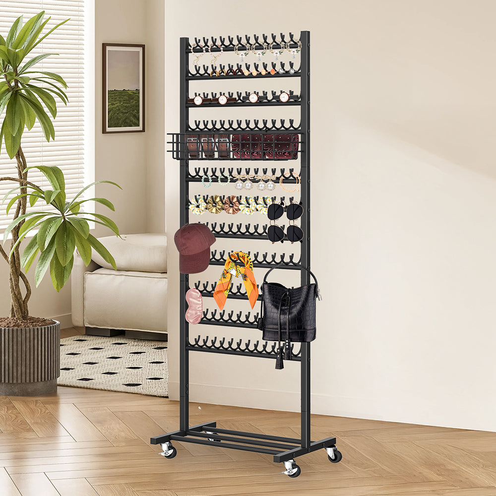 NOMISPADVIC Coat Stands, Heavy Duty 2-Sided Braiding Rack with Wheels & Anti-Tip Design, Freestanding Hair Braiding Stand, Standing Garment Holder for Home, Office, Salon, Black