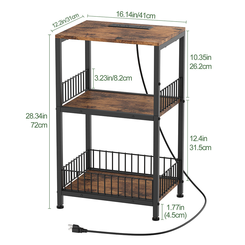 NOMISPADVIC End Table with Charging Station, 3-Tier Rolling Nightstand with USB Ports & Electrical Outlets, Mobile Bedside Table with Storage Shelves for Bedroom, Living Room, Office