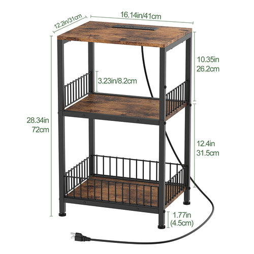 NOMISPADVIC End Table with Charging Station, 3-Tier Rolling Nightstand with USB Ports & Electrical Outlets, Mobile Bedside Table with Storage Shelves for Bedroom, Living Room, Office
