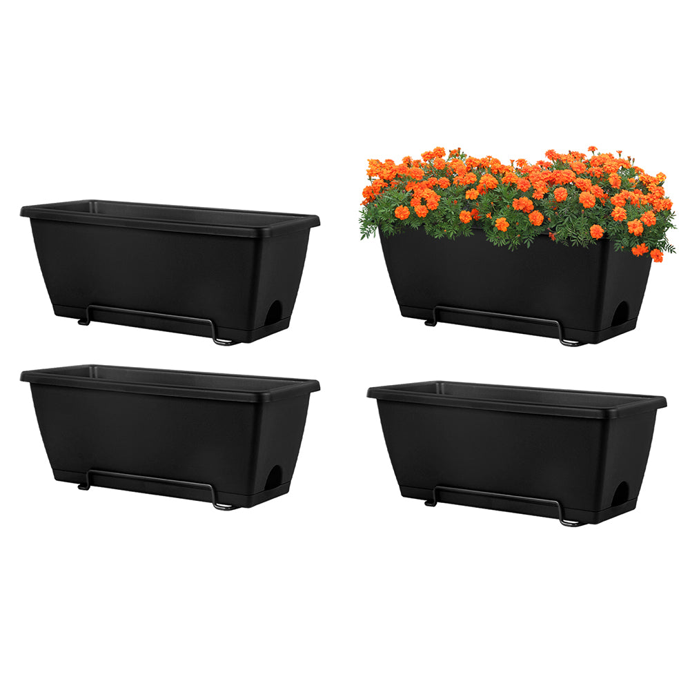 NOMISPADVIC Plastic Furniture for Gardens, 4 Pack Railing Planter Boxes with Drainage Trays, 16.9 Inch Black Outdoor Deck Rail Planters for Porch, Fence & Balcony, Hanging Window Boxes Home Decor