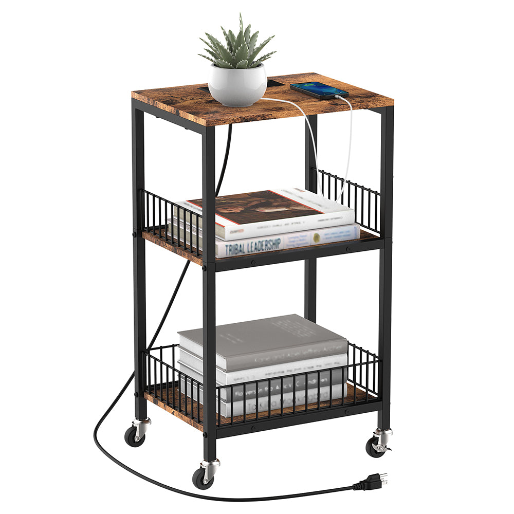 NOMISPADVIC End Table with Charging Station, 3-Tier Rolling Nightstand with USB Ports & Electrical Outlets, Mobile Bedside Table with Storage Shelves for Bedroom, Living Room, Office