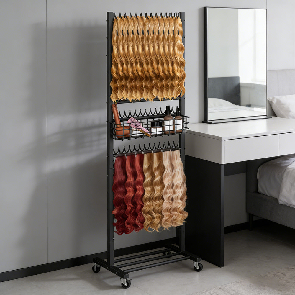 NOMISPADVIC Coat Stands, Heavy Duty 2-Sided Braiding Rack with Wheels & Anti-Tip Design, Freestanding Hair Braiding Stand, Standing Garment Holder for Home, Office, Salon, Black