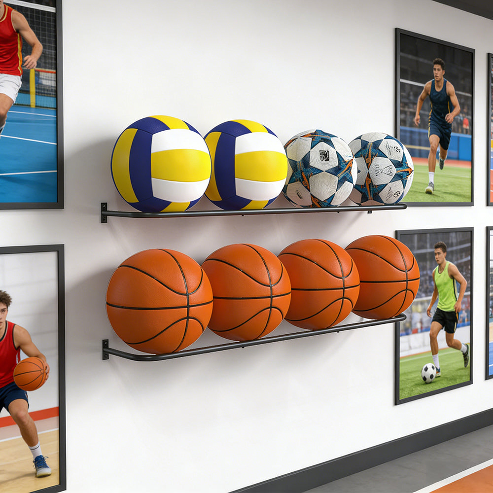 NOMISPADVIC Wall-Mounted Tool Racks, Heavy Duty Metal Garage Organization with 12 Hooks & 2 Adjustable Shelves, Wall Mount Ball Racks for Garage, Tools Holder, Black