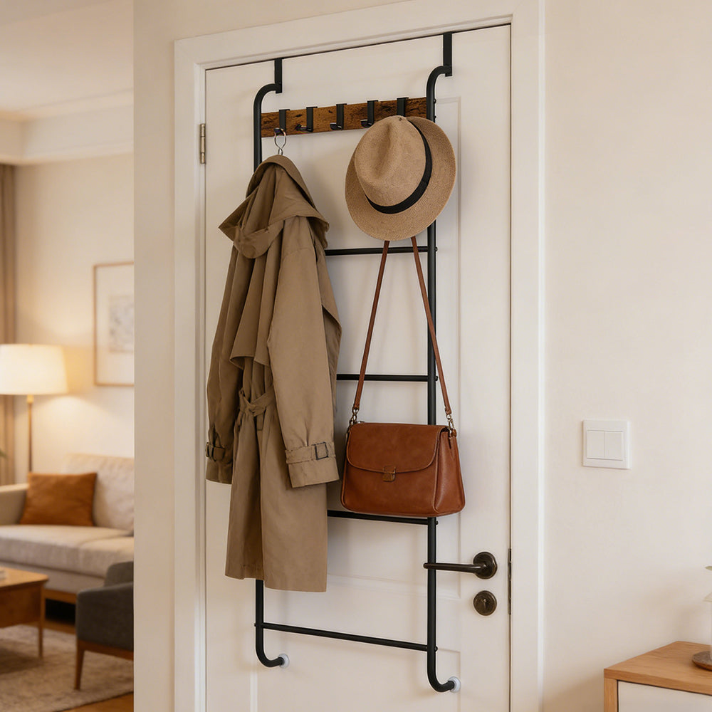 NOMISPADVIC Over The Door Towel Racks, 4 Tier Behind Door Towel Holder with Shelves & Hooks, Bathroom Door Rack Hanger Organizer for Towels, Livingroom, Back of Door Storage