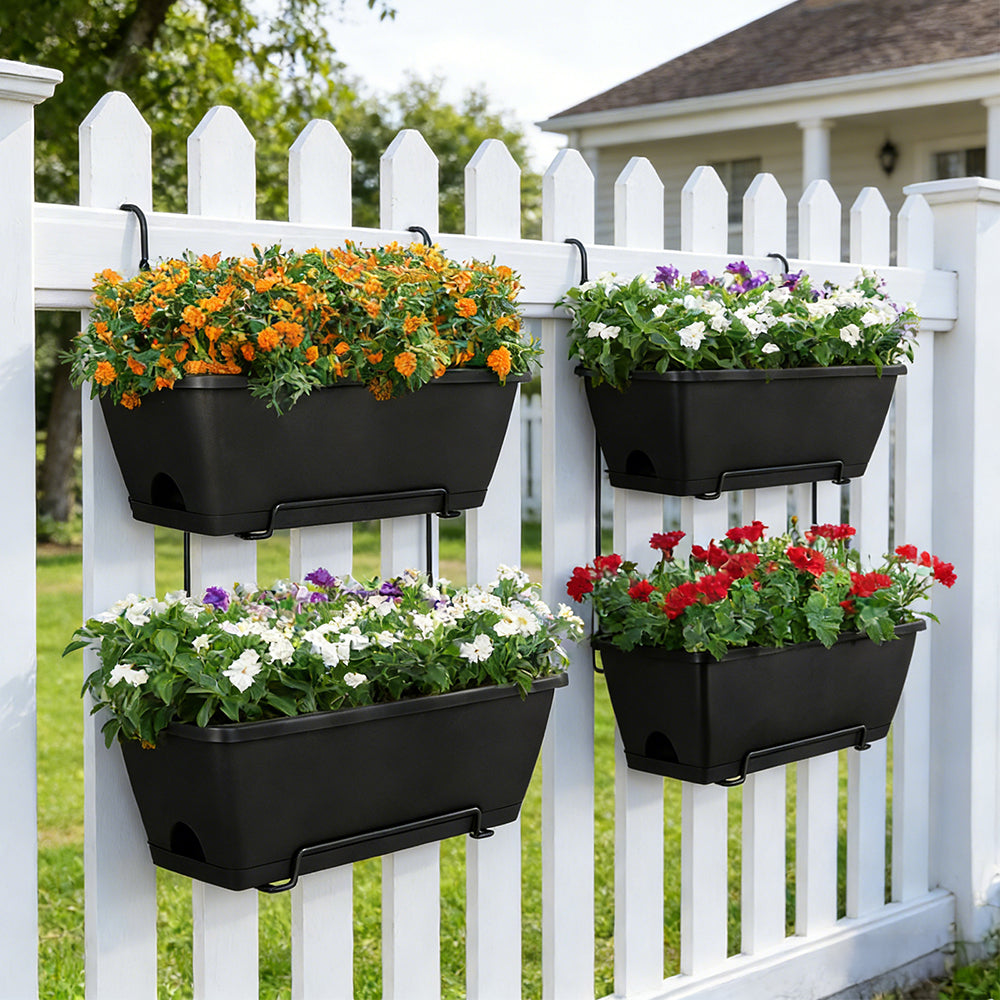 NOMISPADVIC Plastic Furniture for Gardens, 4 Pack Railing Planter Boxes with Drainage Trays, 16.9 Inch Black Outdoor Deck Rail Planters for Porch, Fence & Balcony, Hanging Window Boxes Home Decor
